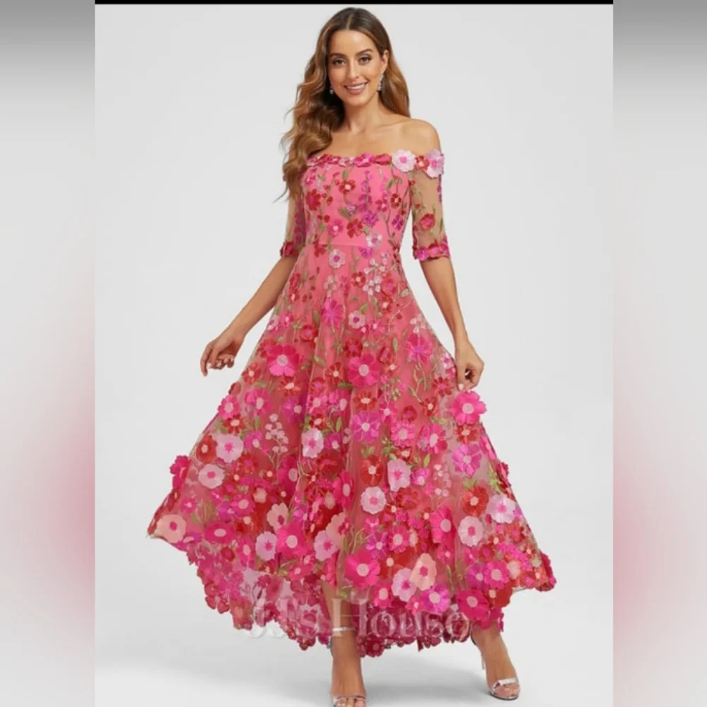 JJs House 3D Floral Pink Off-Shoulder Asymmetrical Dress. NWT. 20W. - Picture 2 of 6
